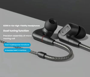 Top-down view of Sennheiser IE 200 in-ear headphones highlighting dual tuning function, 7mm TrueResponse driver, and embedded MMCX interface for customizable audio performance.