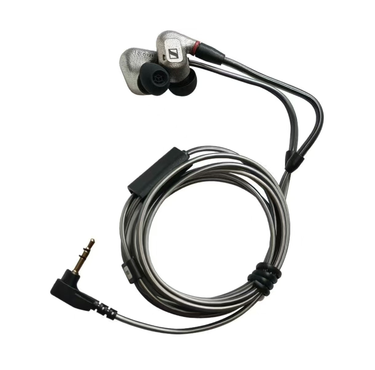 Full view of Sennheiser IE 600 earphones with coiled cable and angled 3.5mm plug — durable construction designed for mobile devices, desktops, and audio gear.