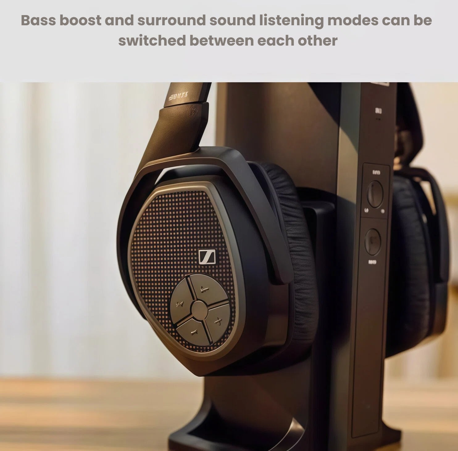 Detail view of Sennheiser RS175-U earcup highlighting control panel with bass boost and surround sound listening modes, offering customizable audio experiences.