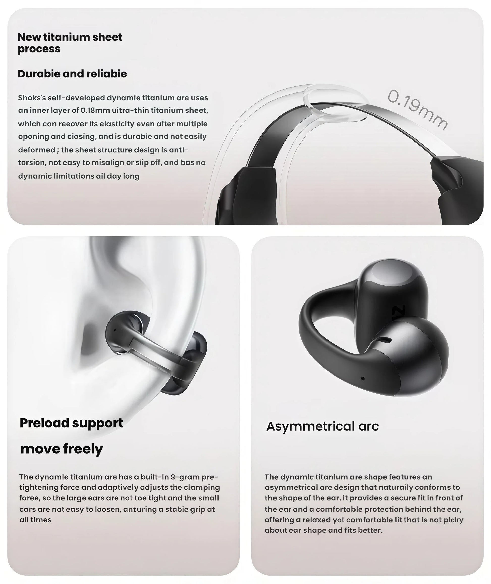 Close-up of Shokz OpenDots One earbud highlighting the 0.19mm ultra-thin titanium arc, preload support, and asymmetrical arc design for secure, comfortable fit on all ear shapes.