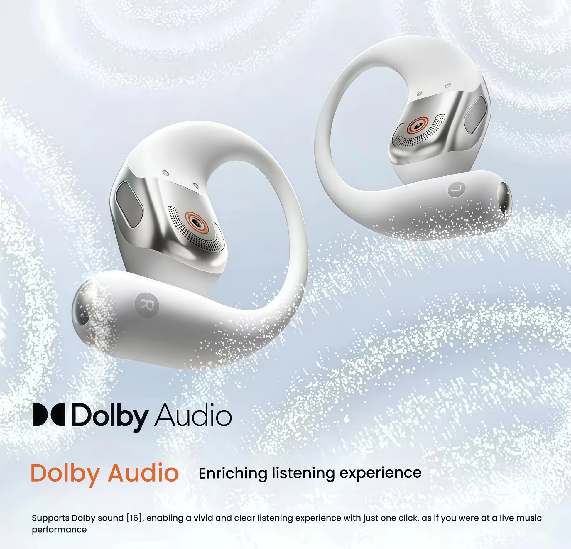 White Shokz OpenFit 2+ open-ear headphones paired with matching charging case — minimalist design, secure fit, and advanced audio technology for all-day comfort.