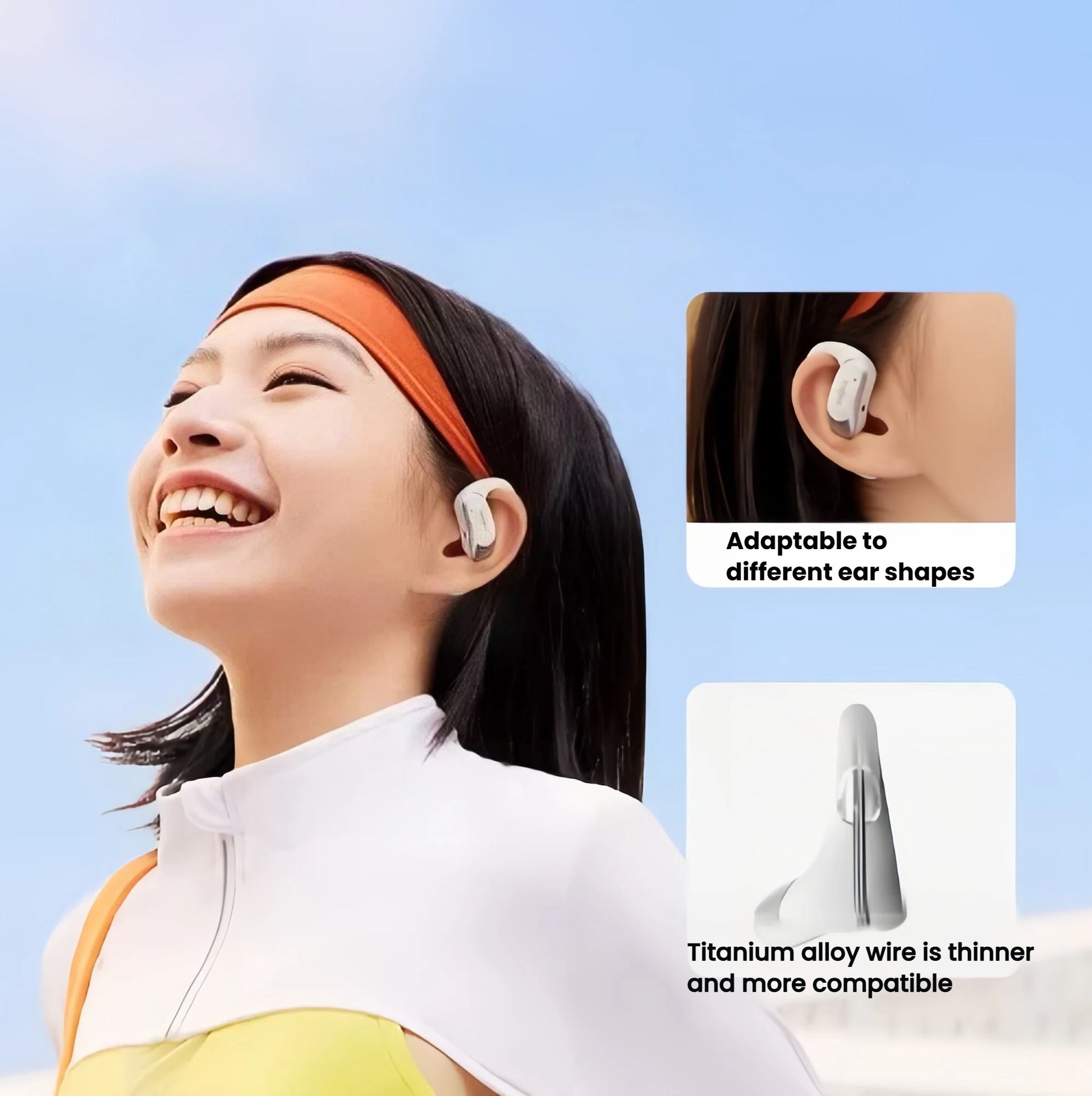 Woman wearing white Shokz OpenFit Air open-ear headphones with titanium alloy wire that adapts to different ear shapes for a personalized, secure fit.