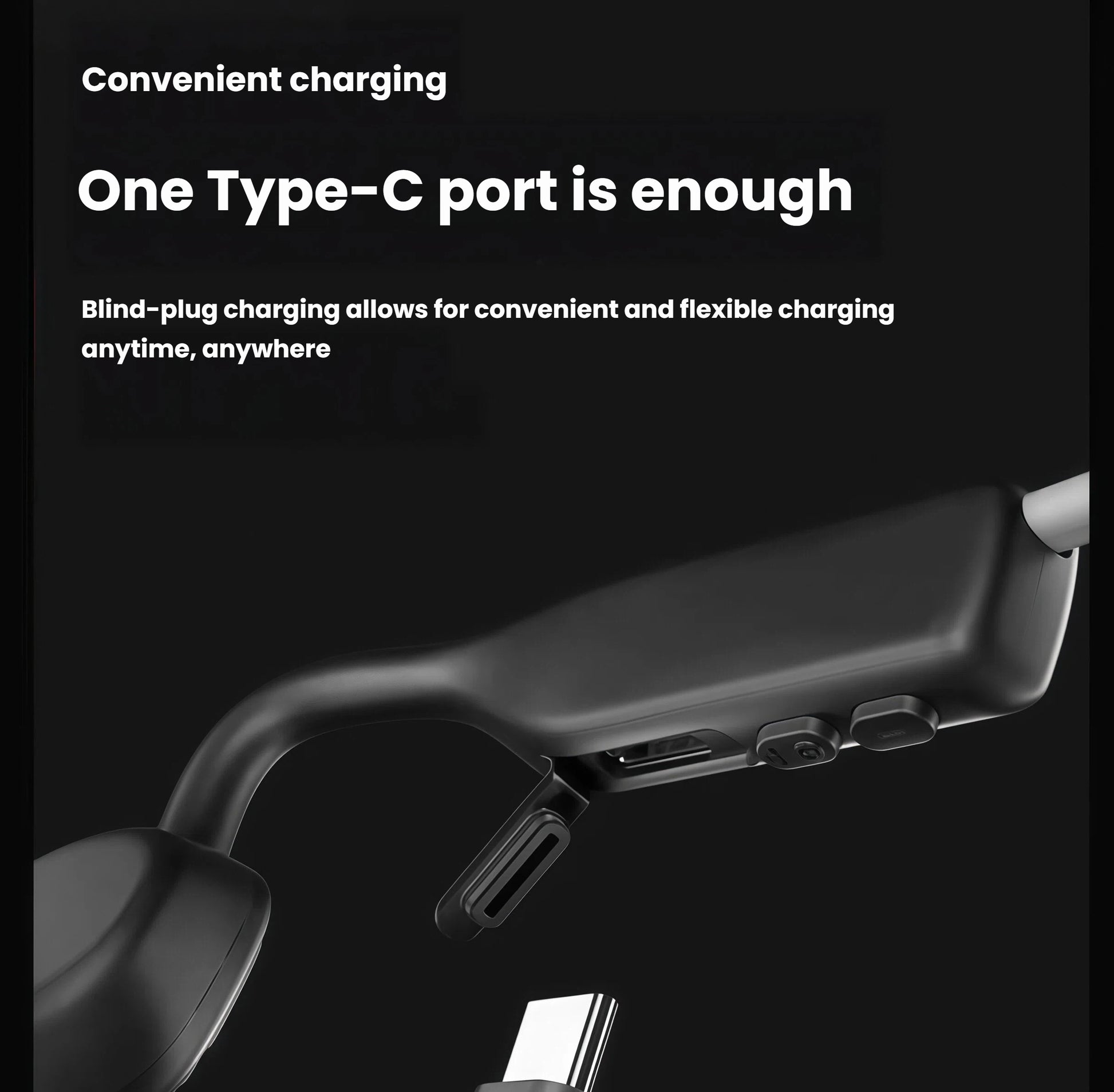Close-up of Shokz OpenMove wireless open-ear headphones with built-in Type-C charging port enabling blind-plug charging for fast, convenient power on the go.