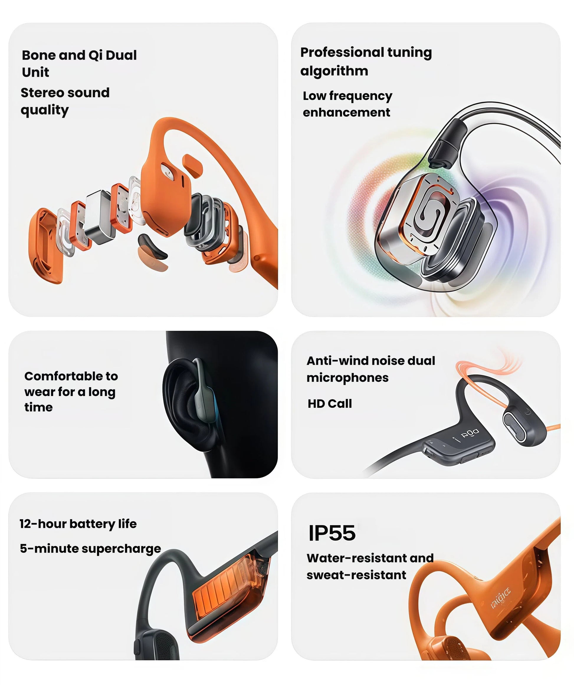 Shokz OpenRun Pro 2 feature highlights: bone and Qi dual unit stereo sound, professional tuning, anti-wind noise mics, 12-hour battery, 5-minute supercharge, and IP55 water/sweat resistance