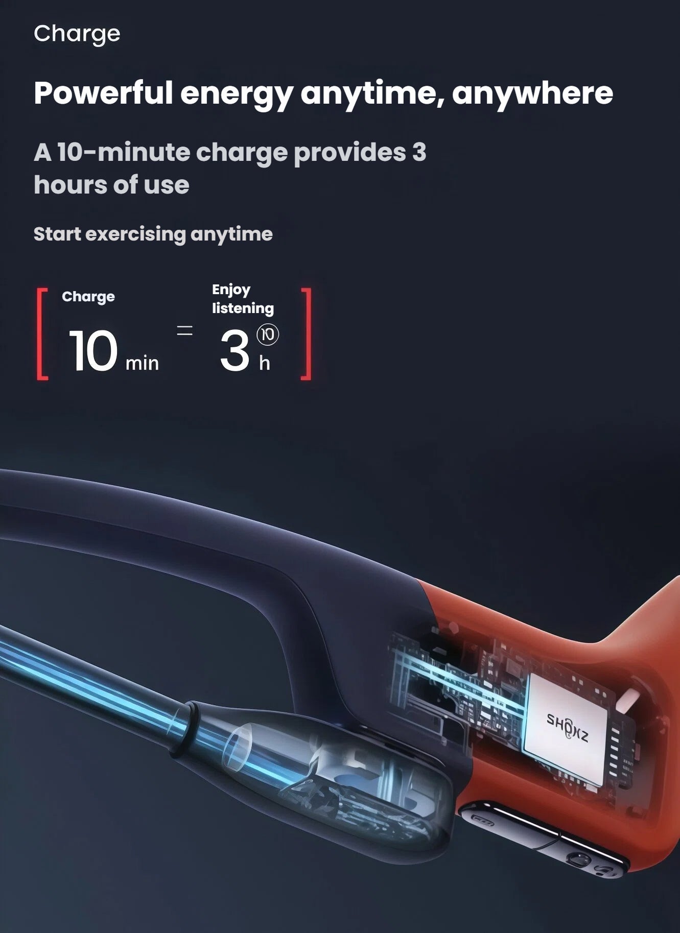 Shokz OpenSwim Pro battery feature: 10-minute charge provides up to 3 hours of playback, perfect for quick workouts

