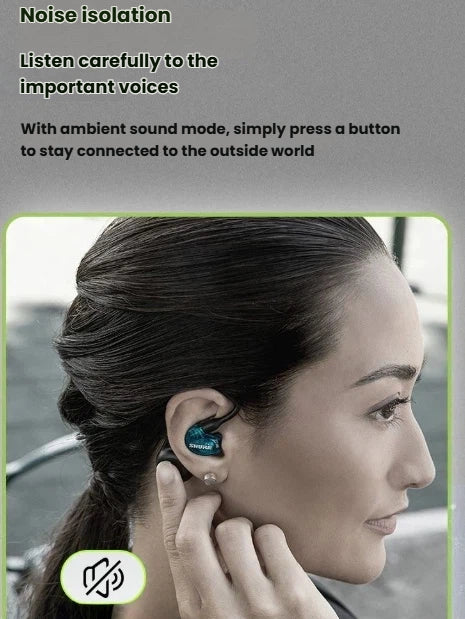 Woman wearing Shure AONIC 215 Gen 2 earbuds with ambient sound mode activated — press a button to hear important voices while enjoying immersive audio.