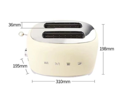 A diagram showing the product dimensions of the Smeg 50's Style toaster, highlighting its width, height, and the 36mm width of the toasting slots.