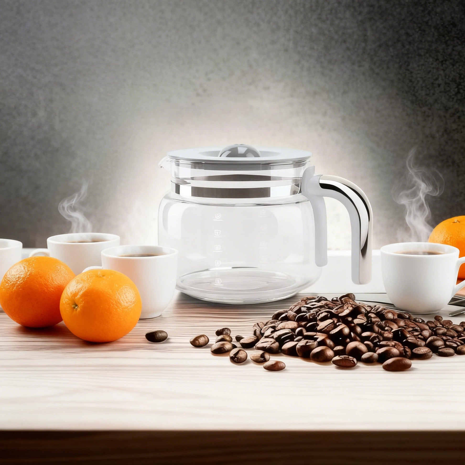 A cozy morning scene featuring the cream Smeg 50's Retro Drip Coffee Maker brewing coffee into its glass carafe on a wooden table, alongside a plated breakfast of eggs, bacon, fruit, and bread.