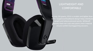 Close-up of the G535’s suspension headband and soft memory-foam ear pads, emphasizing the lightweight build for long gaming sessions.