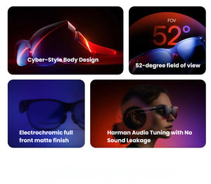 Collage showcasing VITURE Luma Ultra’s cyber-style body, 52° field of view, 99.9 % electrochromic shading, and Harman-tuned directional audio.