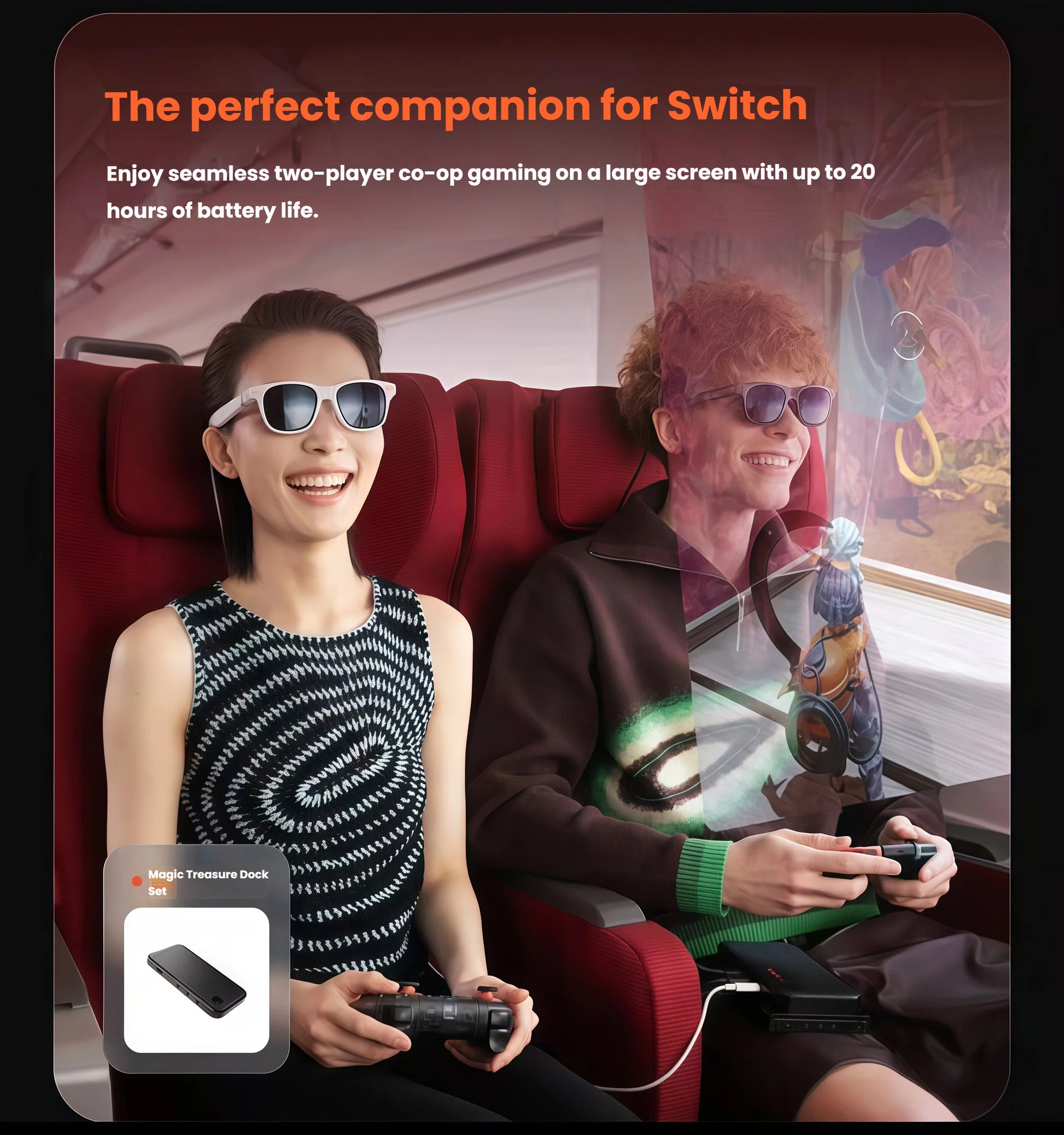 Two people enjoying co-op gameplay on a large virtual screen using VITURE Pro XR glasses and Nintendo Switch – supported by Magic Treasure Dock Set with up to 20 hours battery life