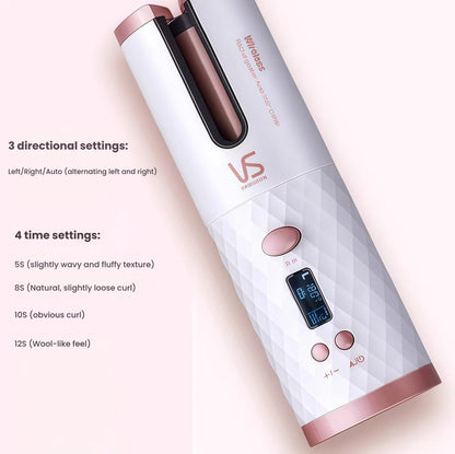 White and rose-gold VS rechargeable automatic hair curler with LCD screen