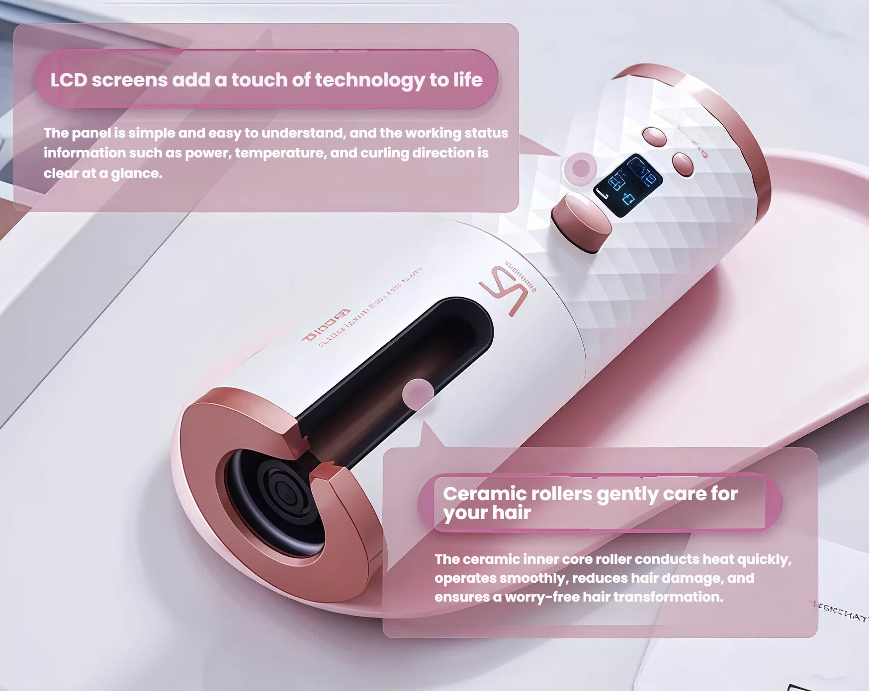 Top-down view of VS Unbound Shine-Pro cordless auto curler on a pink tray. Highlights ceramic inner roller, LCD screen showing temperature and time, and smooth operation for gentle, damage-free curls.