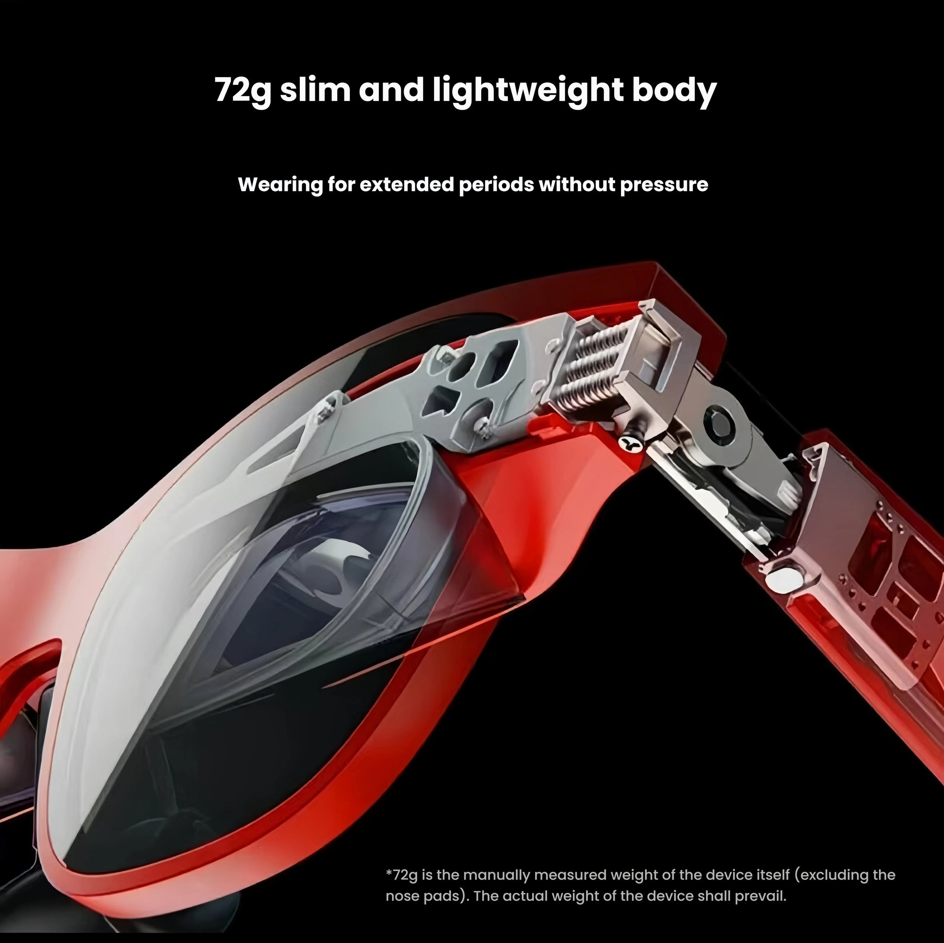 Close-up cutaway of XREAL Air 2’s 72 g aerospace-grade titanium hinge, emphasizing ultra-slim, durable construction.
