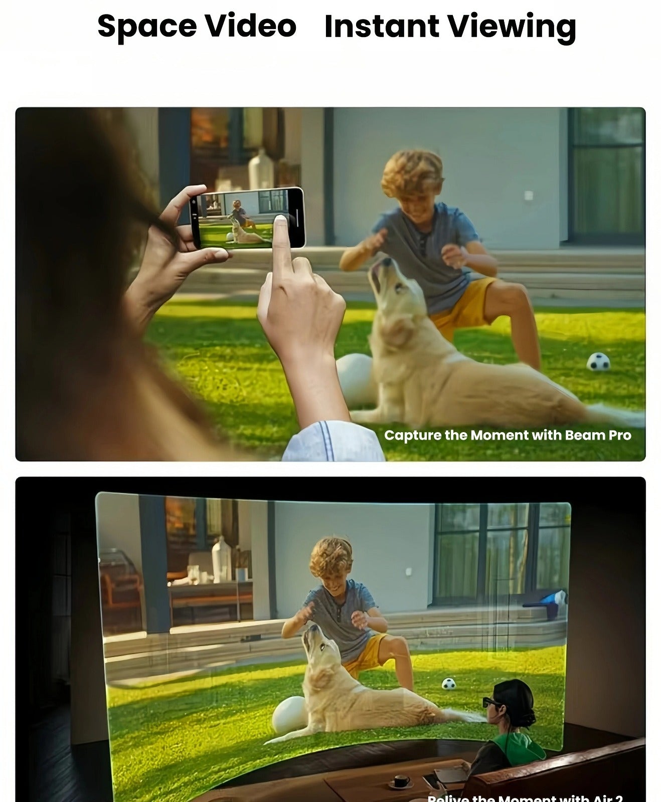 Two-step workflow: woman records 3D spatial video with Beam Pro, then replays it on a giant screen via XREAL Air 2 glasses.