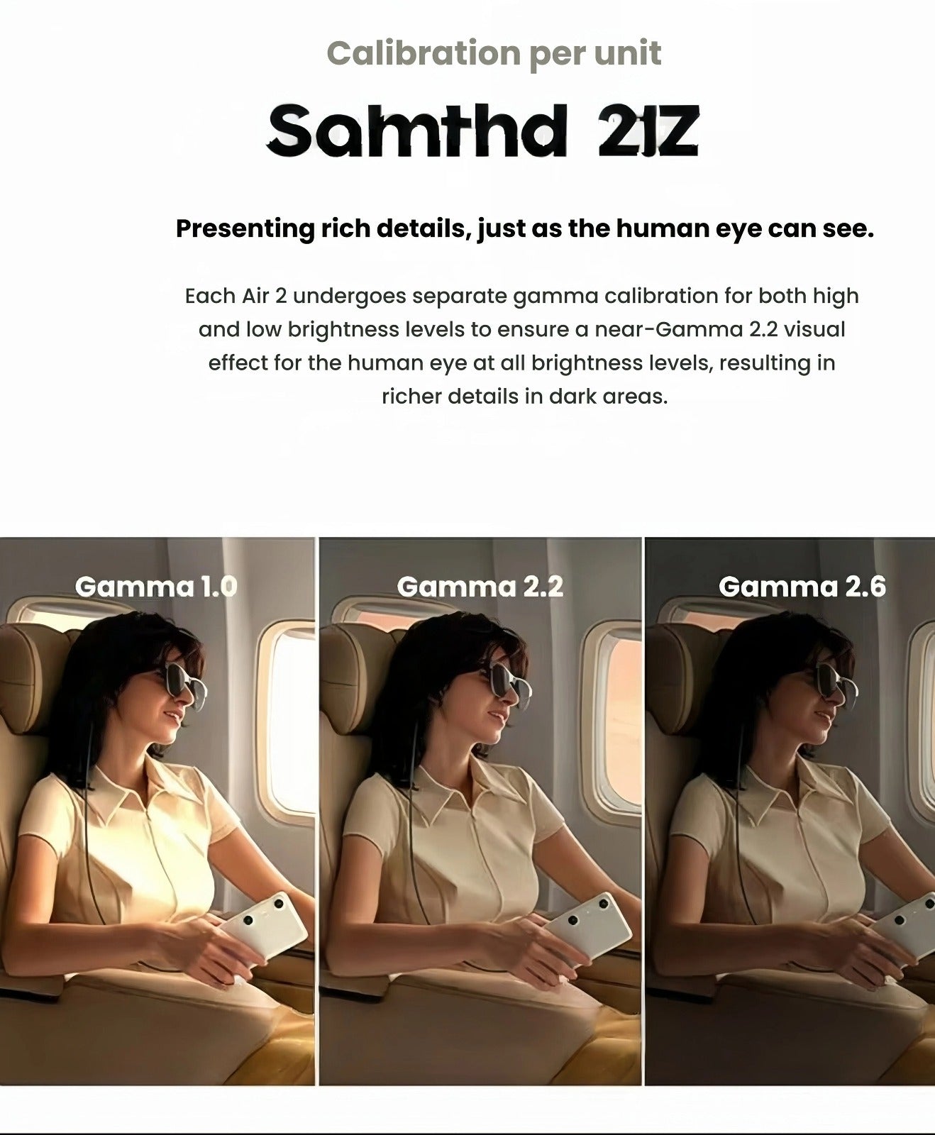 Triple-panel in-flight comparison showing Gamma 1.0 vs 2.2 vs 2.6 on XREAL Air 2, emphasizing richer dark-detail reproduction.
