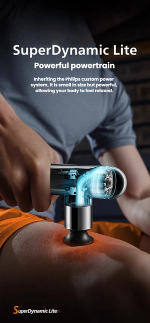 Philips PPM7303DG massage gun showing five intensity level controls