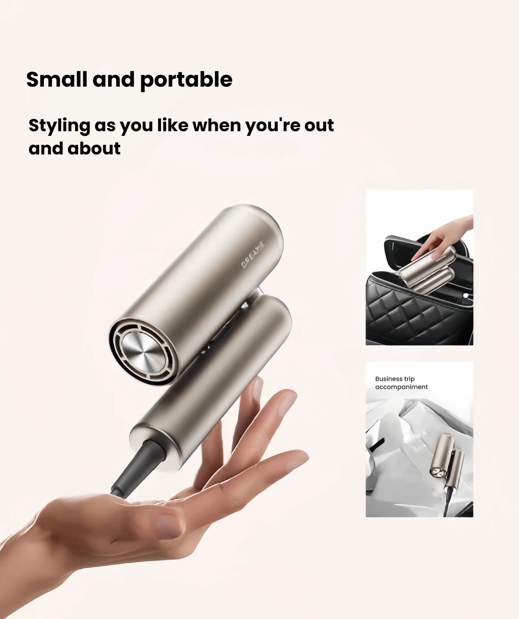 The Dreame Pocket hair dryer held in hand to show its small size, with images of it fitting into a handbag, making it a perfect portable companion for business trips.