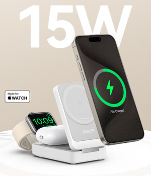 Anker MagGo A2557 charging an iPhone Apple Watch and earbuds