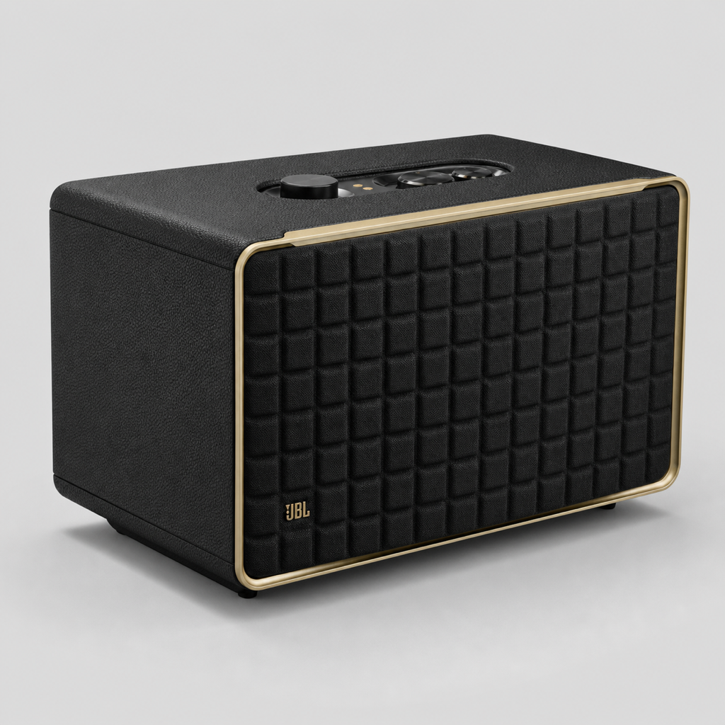 JBL Authentics 500 side detail showing leather-like enclosure