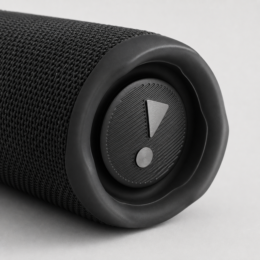 Close-up of the JBL Flip 6 passive bass radiator end cap in black