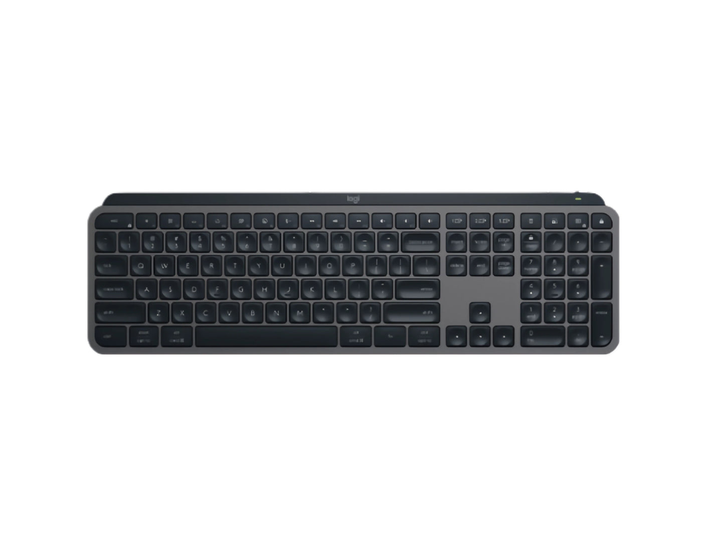 Top-down view of the Logitech MX Keys S Advanced Wireless Illuminated Keyboard in graphite, showing the full layout with spherical concave keys.
