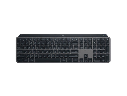 Top-down view of the Logitech MX Keys S Advanced Wireless Illuminated Keyboard in graphite, showing the full layout with spherical concave keys.