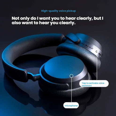 A detailed shot of the Sennheiser ACCENTUM Wireless headphones highlighting the high-quality voice pickup microphone for clear calls and easy voice assistant activation.